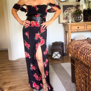 Black rayon crepe worn twice, Flynn Skye maxi dress. Leather belt not included.